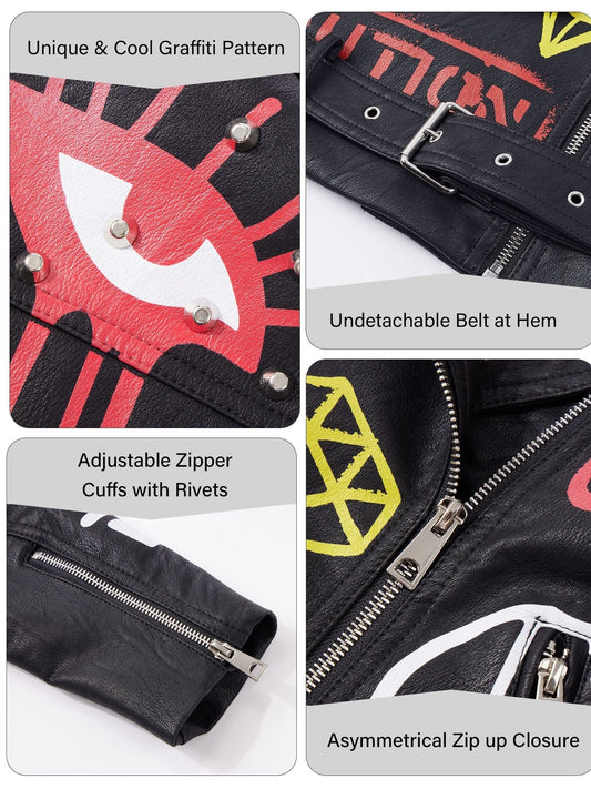 Faux Leather Jacket For Women Studded Rivet Floral Moto Biker Coat SS69