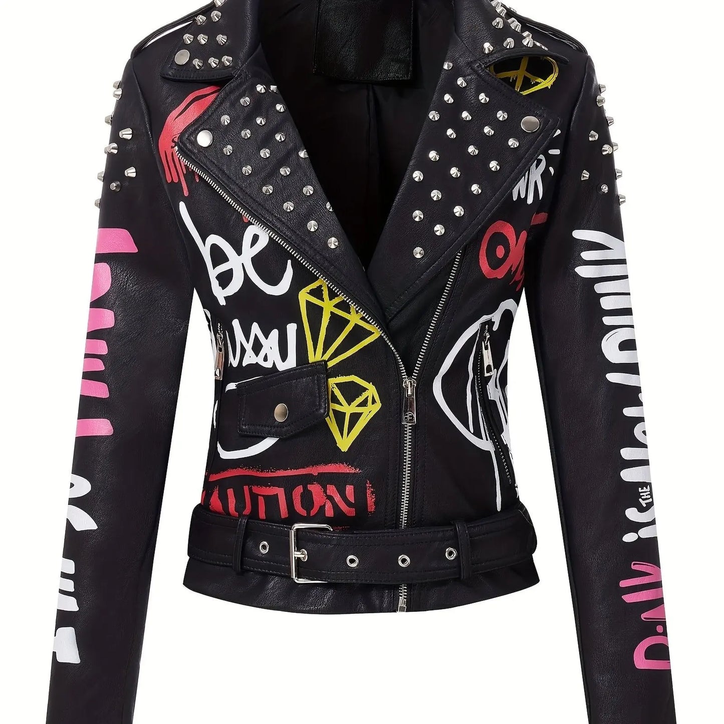 Faux Leather Jacket For Women Studded Rivet Floral Moto Biker Coat SS69 143.69 Black / XXL