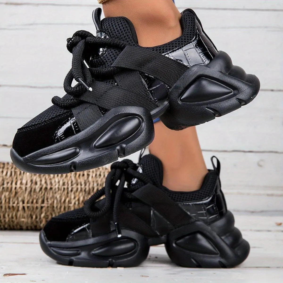 Faywellme Women's Breathable Mesh Chunky Sneakers - Fashionable Low-Top Lace-Up Running Shoes with Thick Sole, Non-Slip & Shock-Absorbing, Comfortable Casual Athletic Footwear for All Seasons for Men and Women - SS69