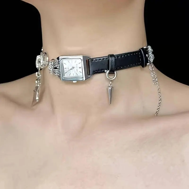 Festive Cyberpunk Choker Necklace with Square Watch Face - Iron Body, No Plating, Suitable for Daily Wear SS69