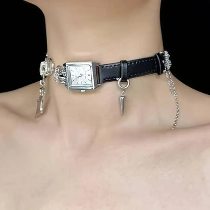 Festive Cyberpunk Choker Necklace with Square Watch Face - Iron Body, No Plating, Suitable for Daily Wear SS69