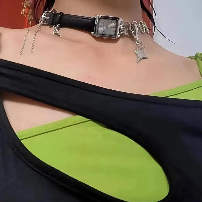 Festive Cyberpunk Choker Necklace with Square Watch Face - Iron Body, No Plating, Suitable for Daily Wear SS69