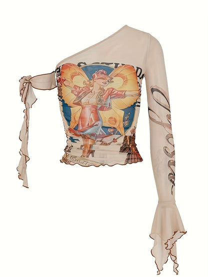 Figure Print Ruffle Trim Asymmetric T-shirt, Y2K Sheer Mesh Long Sleeve Top, Women's Clothing SS69