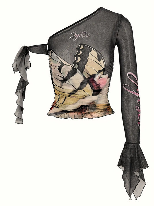 Figure Print Ruffle Trim Asymmetric T-shirt, Y2K Sheer Mesh Long Sleeve Top, Women's Clothing SS69