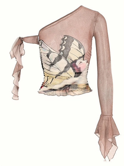 Figure Print Ruffle Trim Asymmetric T-shirt, Y2K Sheer Mesh Long Sleeve Top, Women's Clothing SS69