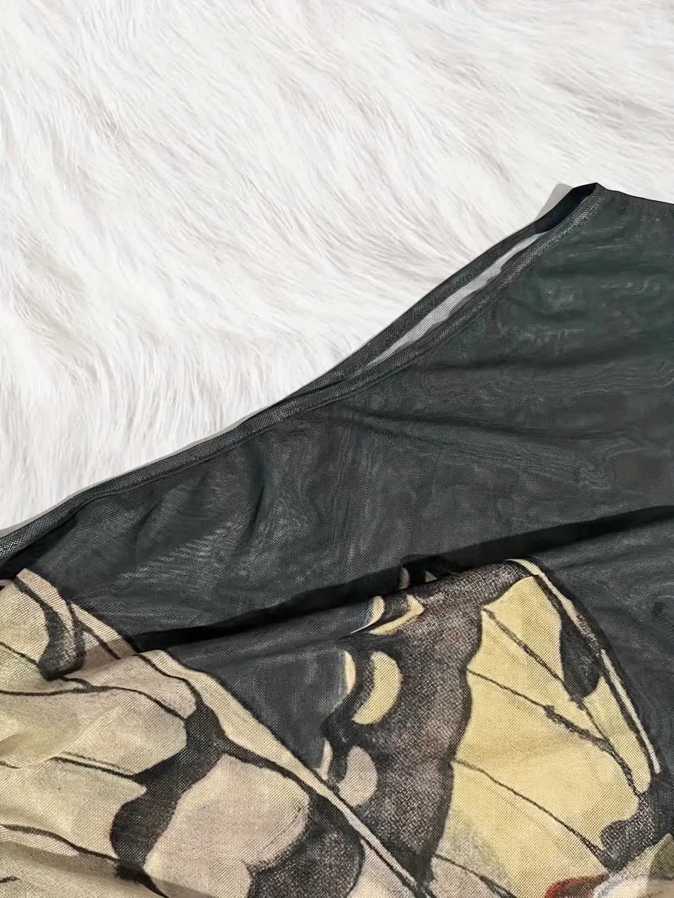 Figure Print Ruffle Trim Asymmetric T-shirt, Y2K Sheer Mesh Long Sleeve Top, Women's Clothing SS69