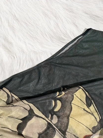 Figure Print Ruffle Trim Asymmetric T-shirt, Y2K Sheer Mesh Long Sleeve Top, Women's Clothing SS69