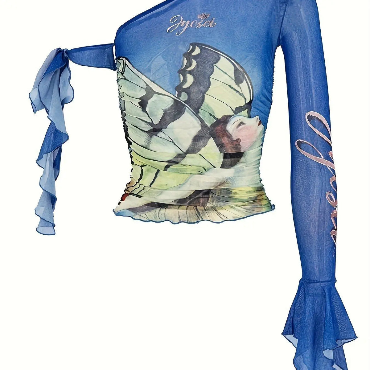 Figure Print Ruffle Trim Asymmetric T-shirt, Y2K Sheer Mesh Long Sleeve Top, Women's Clothing - SS69