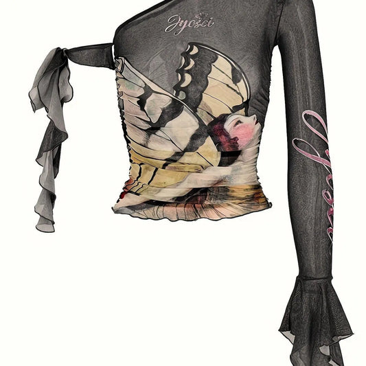 Figure Print Ruffle Trim Asymmetric T-shirt, Y2K Sheer Mesh Long Sleeve Top, Women's Clothing - SS69