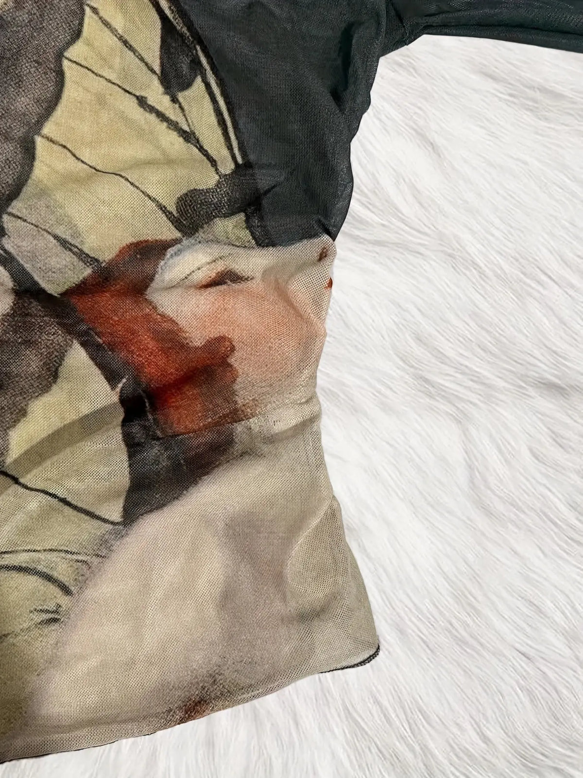 Figure Print Ruffle Trim Asymmetric T-shirt, Y2K Sheer Mesh Long Sleeve Top, Women's Clothing SS69