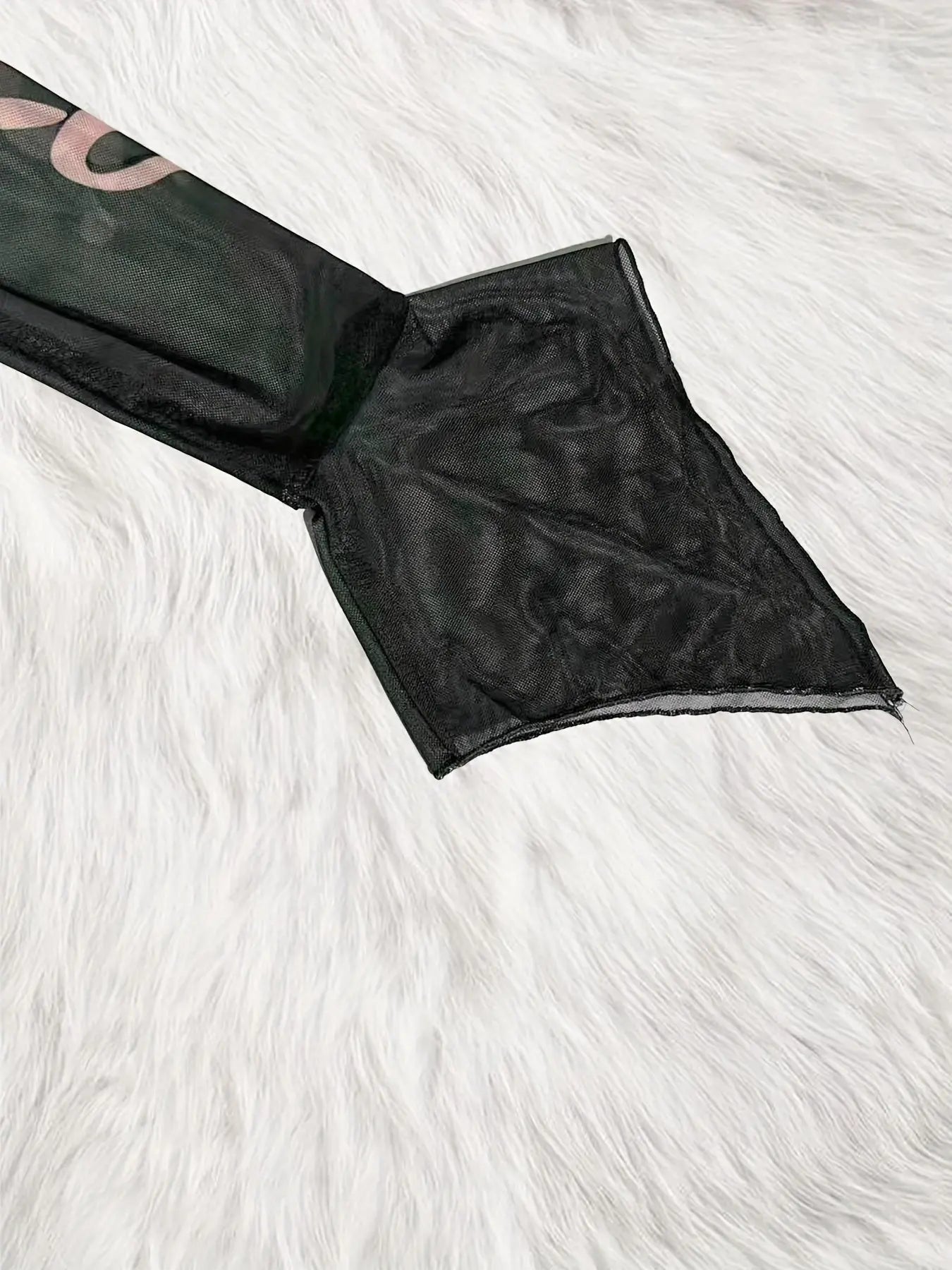 Figure Print Ruffle Trim Asymmetric T-shirt, Y2K Sheer Mesh Long Sleeve Top, Women's Clothing SS69