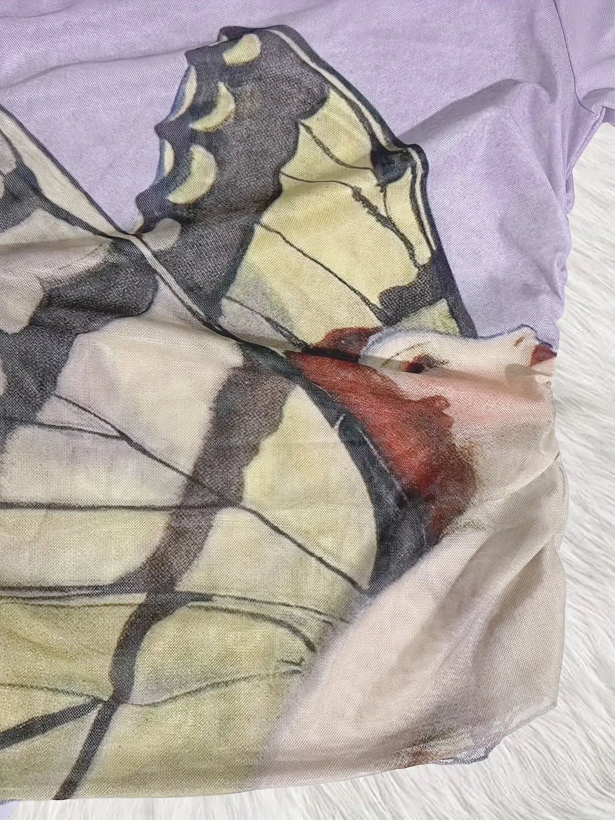 Figure Print Ruffle Trim Asymmetric T-shirt, Y2K Sheer Mesh Long Sleeve Top, Women's Clothing SS69