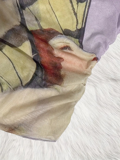 Figure Print Ruffle Trim Asymmetric T-shirt, Y2K Sheer Mesh Long Sleeve Top, Women's Clothing SS69