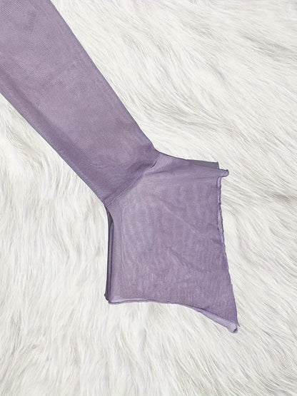 Figure Print Ruffle Trim Asymmetric T-shirt, Y2K Sheer Mesh Long Sleeve Top, Women's Clothing SS69