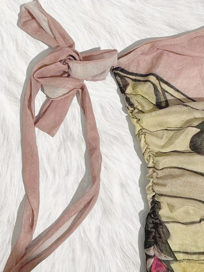 Figure Print Ruffle Trim Asymmetric T-shirt, Y2K Sheer Mesh Long Sleeve Top, Women's Clothing SS69