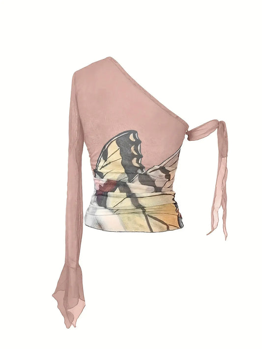 Figure Print Ruffle Trim Asymmetric T-shirt, Y2K Sheer Mesh Long Sleeve Top, Women's Clothing SS69