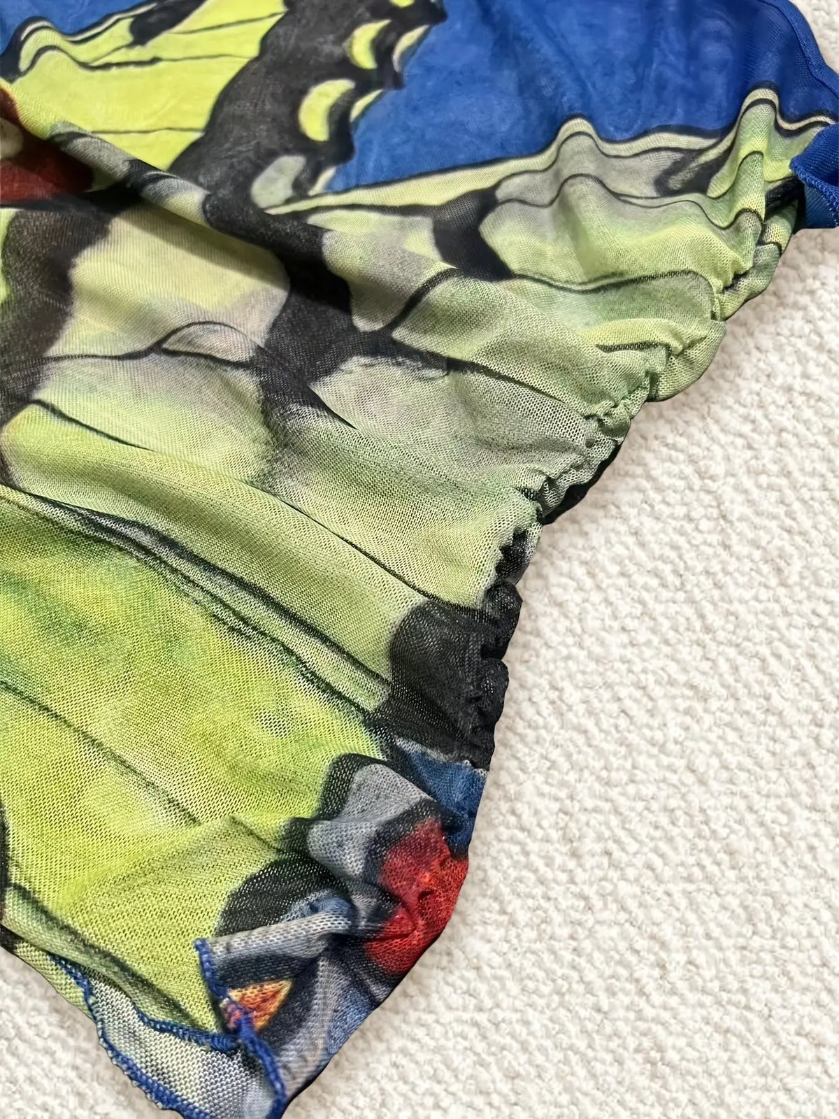 Figure Print Ruffle Trim Asymmetric T-shirt, Y2K Sheer Mesh Long Sleeve Top, Women's Clothing SS69