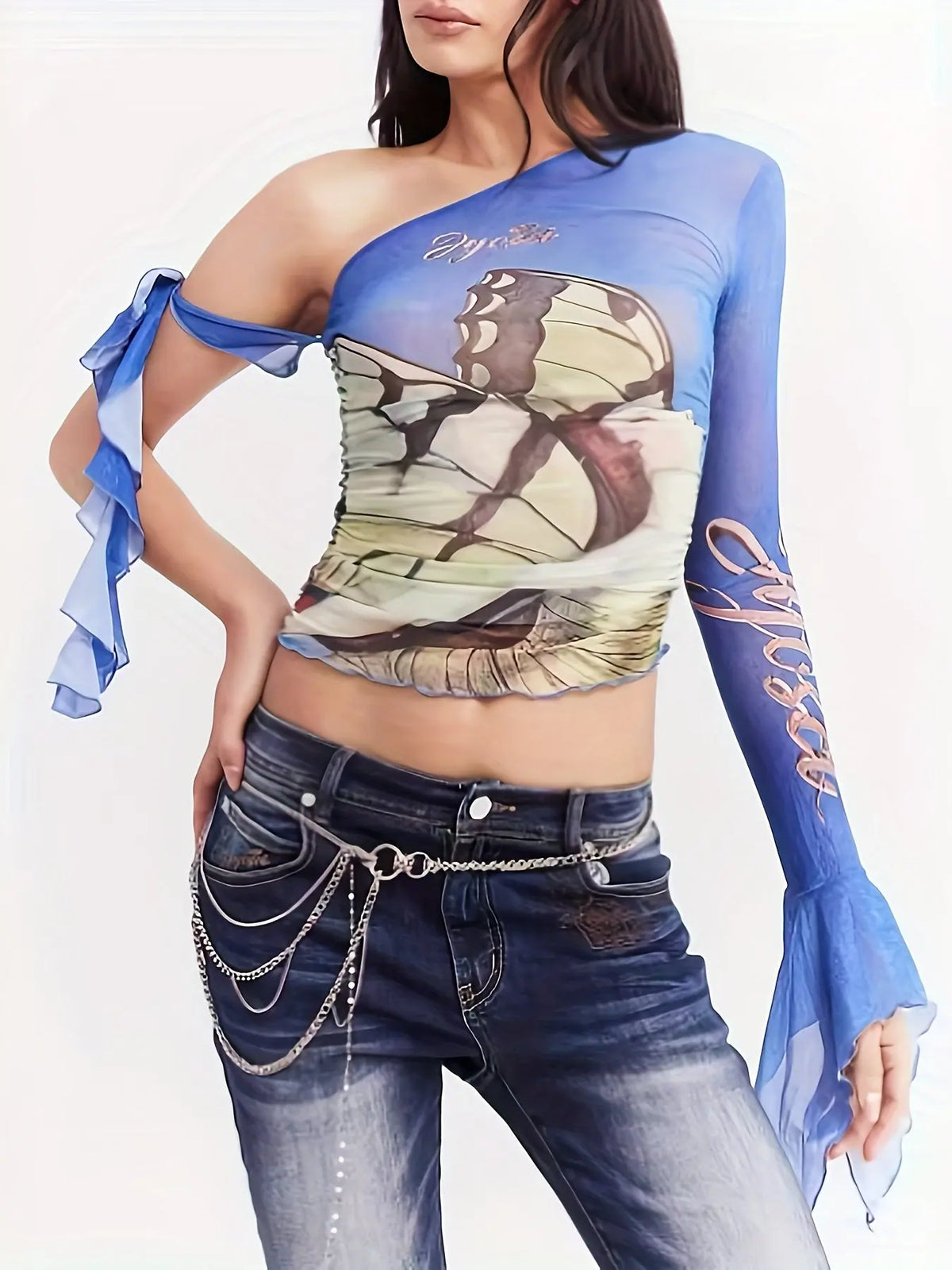 Figure Print Ruffle Trim Asymmetric T-shirt, Y2K Sheer Mesh Long Sleeve Top, Women's Clothing SS69