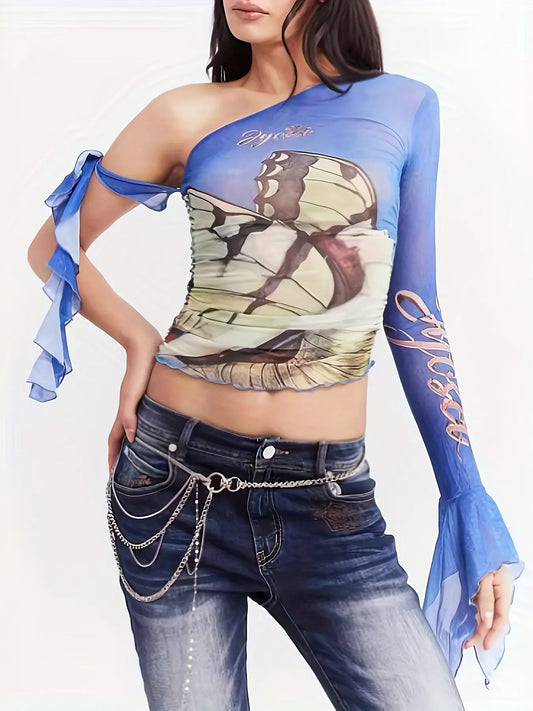 Figure Print Ruffle Trim Asymmetric T-shirt, Y2K Sheer Mesh Long Sleeve Top, Women's Clothing SS69