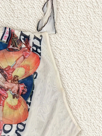 Figure Print Ruffle Trim Asymmetric T-shirt, Y2K Sheer Mesh Long Sleeve Top, Women's Clothing SS69