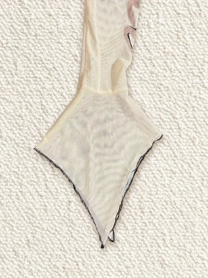 Figure Print Ruffle Trim Asymmetric T-shirt, Y2K Sheer Mesh Long Sleeve Top, Women's Clothing SS69