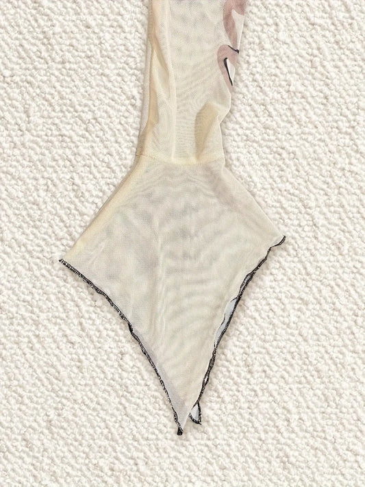 Figure Print Ruffle Trim Asymmetric T-shirt, Y2K Sheer Mesh Long Sleeve Top, Women's Clothing SS69