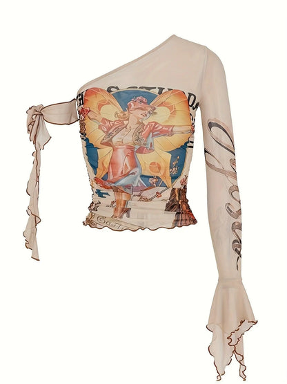 Figure Print Ruffle Trim Asymmetric T-shirt, Y2K Sheer Mesh Long Sleeve Top, Women's Clothing SS69