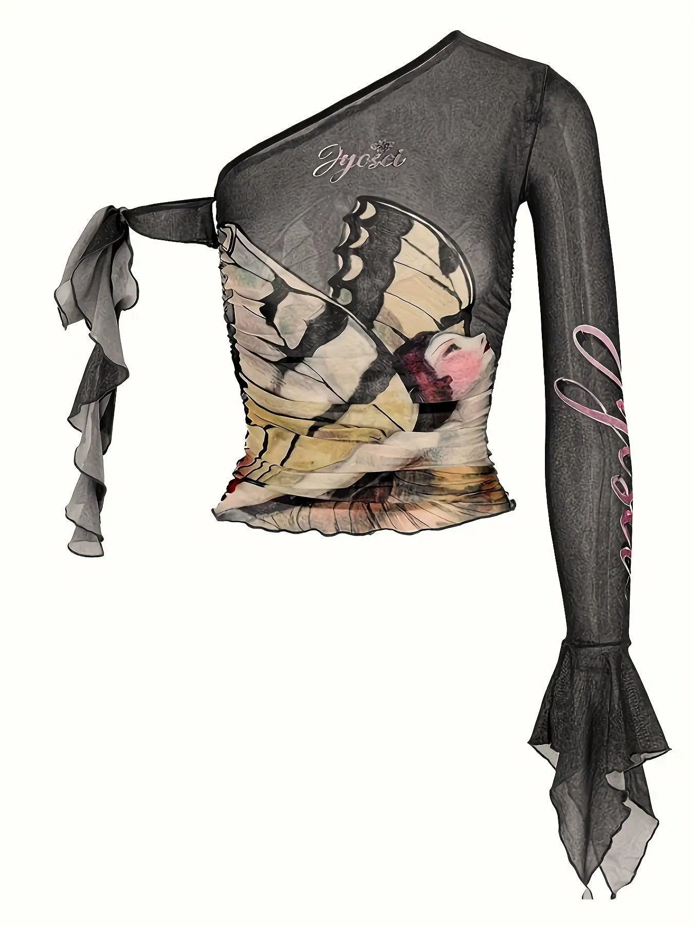 Figure Print Ruffle Trim Asymmetric T-shirt, Y2K Sheer Mesh Long Sleeve Top, Women's Clothing SS69
