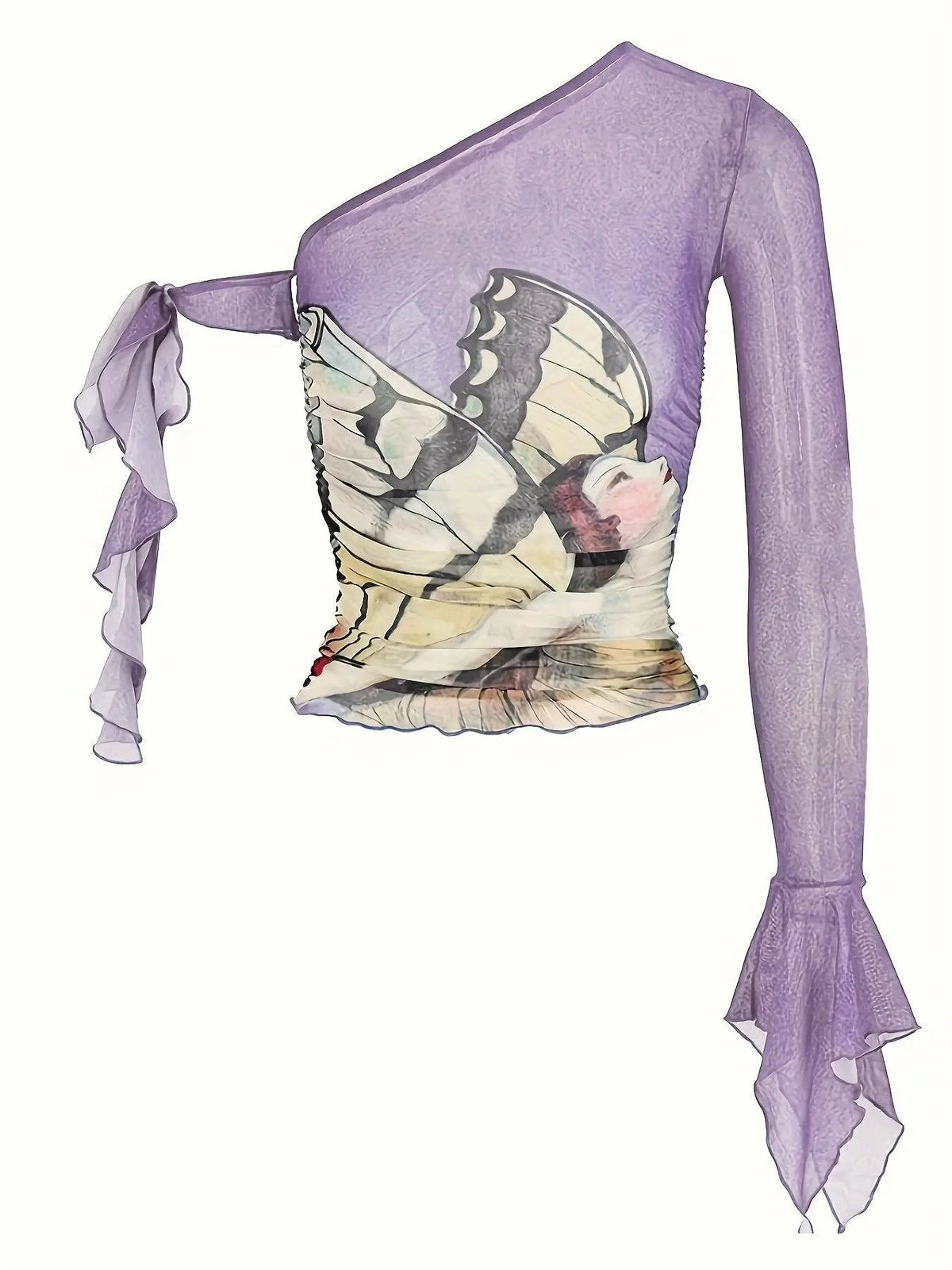 Figure Print Ruffle Trim Asymmetric T-shirt, Y2K Sheer Mesh Long Sleeve Top, Women's Clothing SS69
