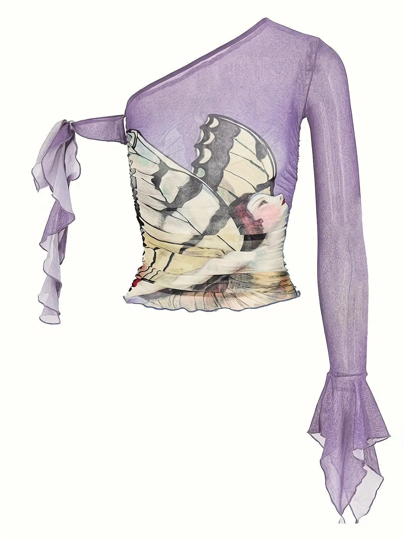 Figure Print Ruffle Trim Asymmetric T-shirt, Y2K Sheer Mesh Long Sleeve Top, Women's Clothing SS69
