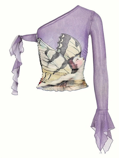 Figure Print Ruffle Trim Asymmetric T-shirt, Y2K Sheer Mesh Long Sleeve Top, Women's Clothing SS69