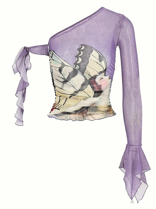 Figure Print Ruffle Trim Asymmetric T-shirt, Y2K Sheer Mesh Long Sleeve Top, Women's Clothing SS69