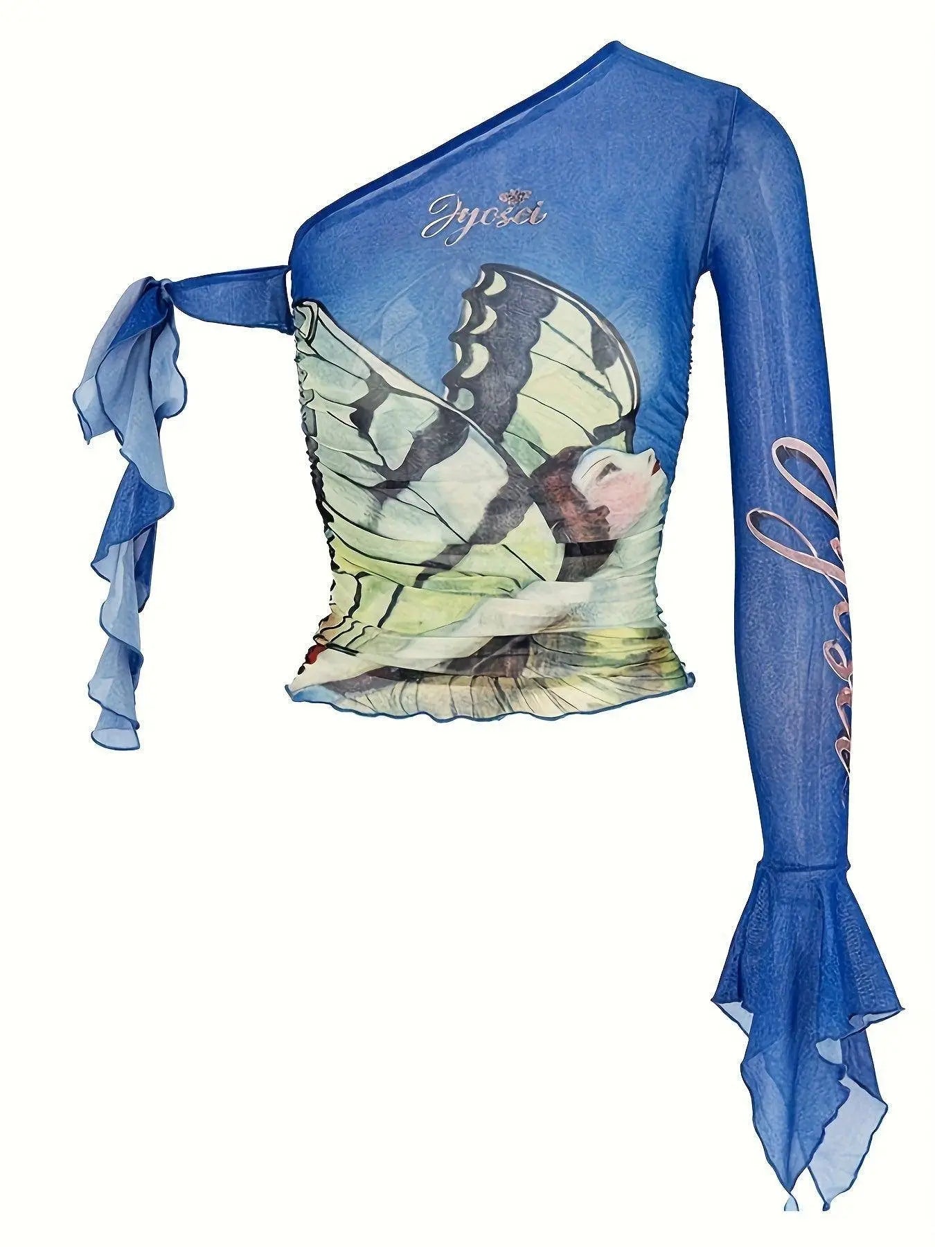 Figure Print Ruffle Trim Asymmetric T-shirt, Y2K Sheer Mesh Long Sleeve Top, Women's Clothing SS69