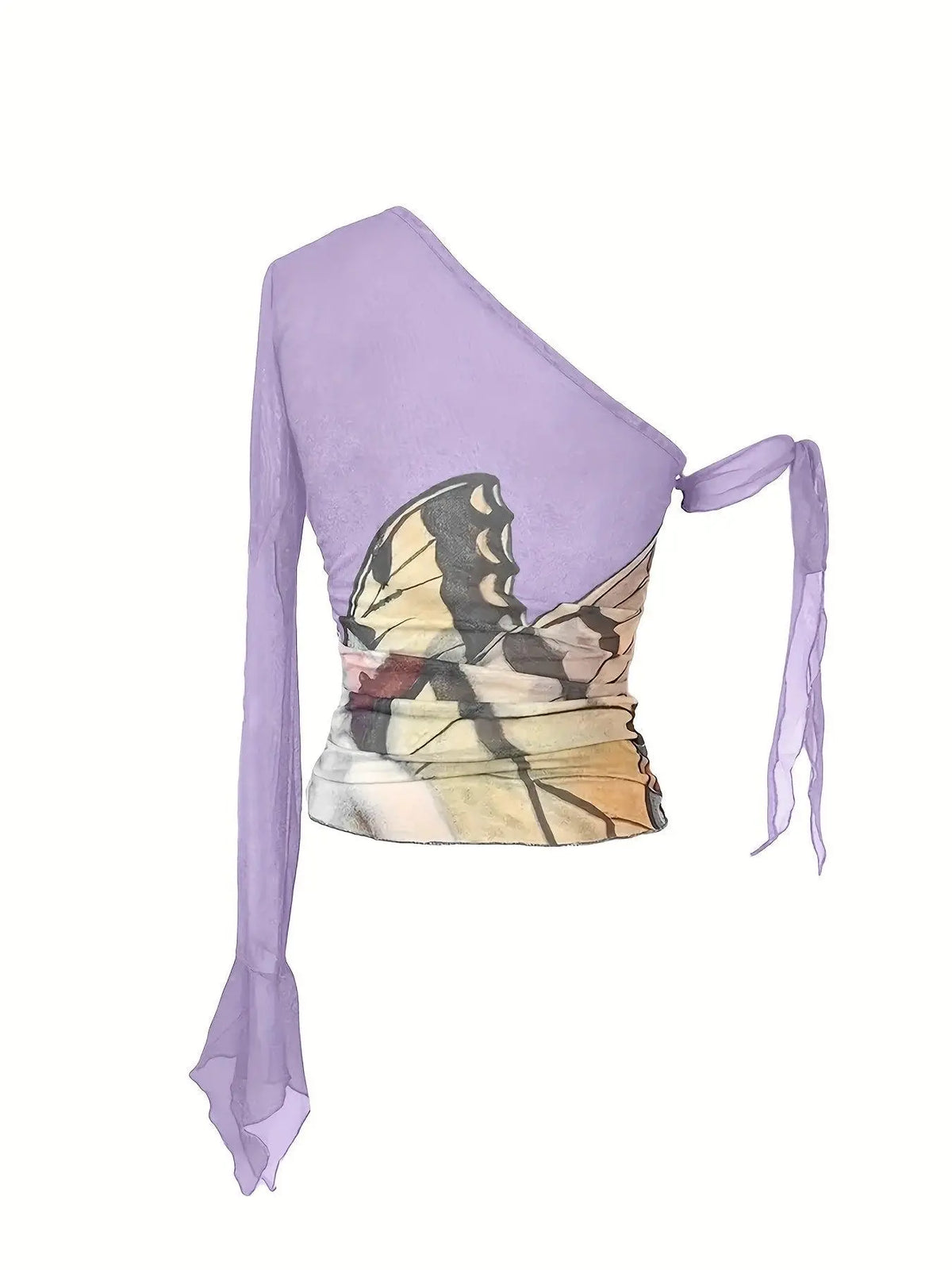 Figure Print Ruffle Trim Asymmetric T-shirt, Y2K Sheer Mesh Long Sleeve Top, Women's Clothing SS69