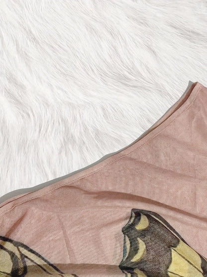 Figure Print Ruffle Trim Asymmetric T-shirt, Y2K Sheer Mesh Long Sleeve Top, Women's Clothing SS69