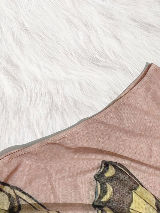 Figure Print Ruffle Trim Asymmetric T-shirt, Y2K Sheer Mesh Long Sleeve Top, Women's Clothing SS69