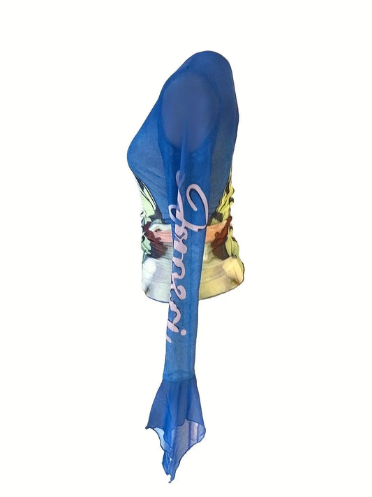 Figure Print Ruffle Trim Asymmetric T-shirt, Y2K Sheer Mesh Long Sleeve Top, Women's Clothing SS69