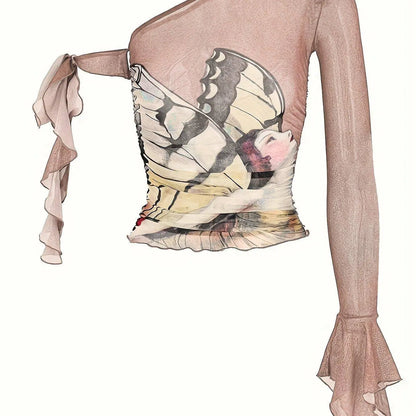 Figure Print Ruffle Trim Asymmetric T-shirt, Y2K Sheer Mesh Long Sleeve Top, Women's Clothing SS69