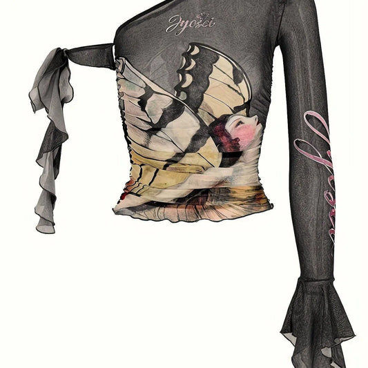 Figure Print Ruffle Trim Asymmetric T-shirt, Y2K Sheer Mesh Long Sleeve Top, Women's Clothing SS69