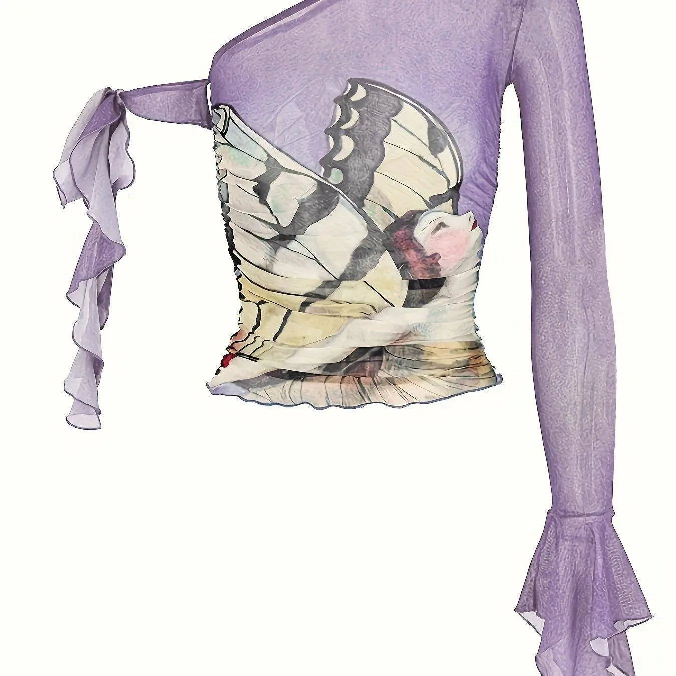 Figure Print Ruffle Trim Asymmetric T-shirt, Y2K Sheer Mesh Long Sleeve Top, Women's Clothing SS69