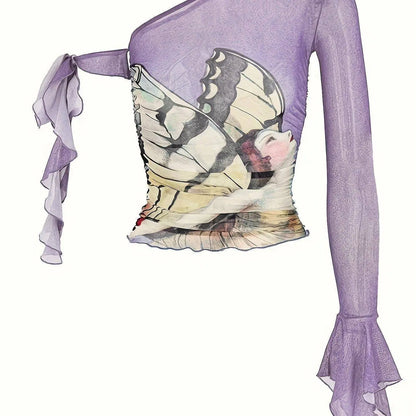 Figure Print Ruffle Trim Asymmetric T-shirt, Y2K Sheer Mesh Long Sleeve Top, Women's Clothing SS69