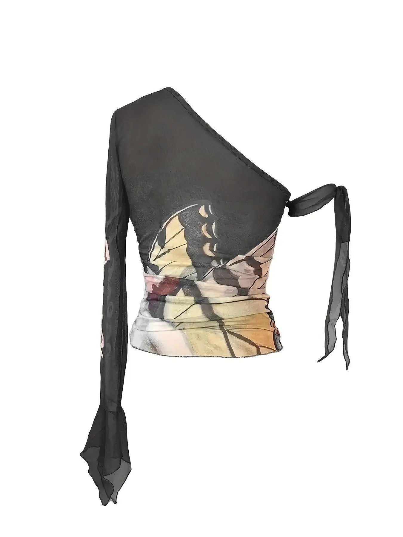 Figure Print Ruffle Trim Asymmetric T-shirt, Y2K Sheer Mesh Long Sleeve Top, Women's Clothing SS69