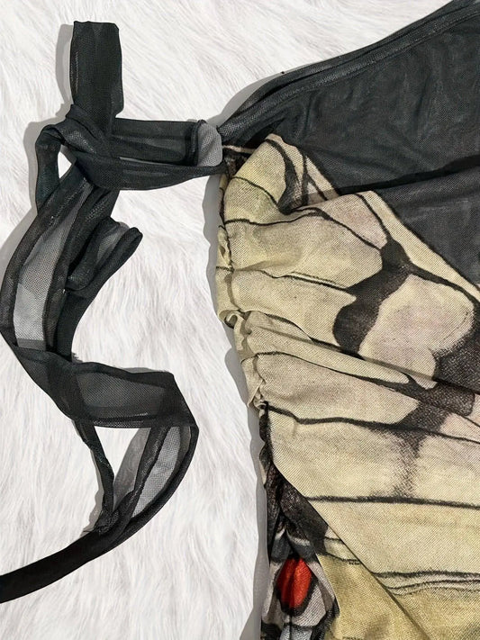 Figure Print Ruffle Trim Asymmetric T-shirt, Y2K Sheer Mesh Long Sleeve Top, Women's Clothing SS69