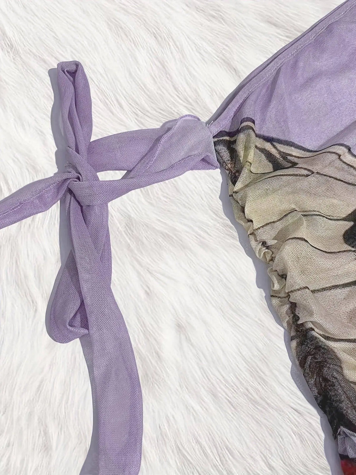 Figure Print Ruffle Trim Asymmetric T-shirt, Y2K Sheer Mesh Long Sleeve Top, Women's Clothing SS69