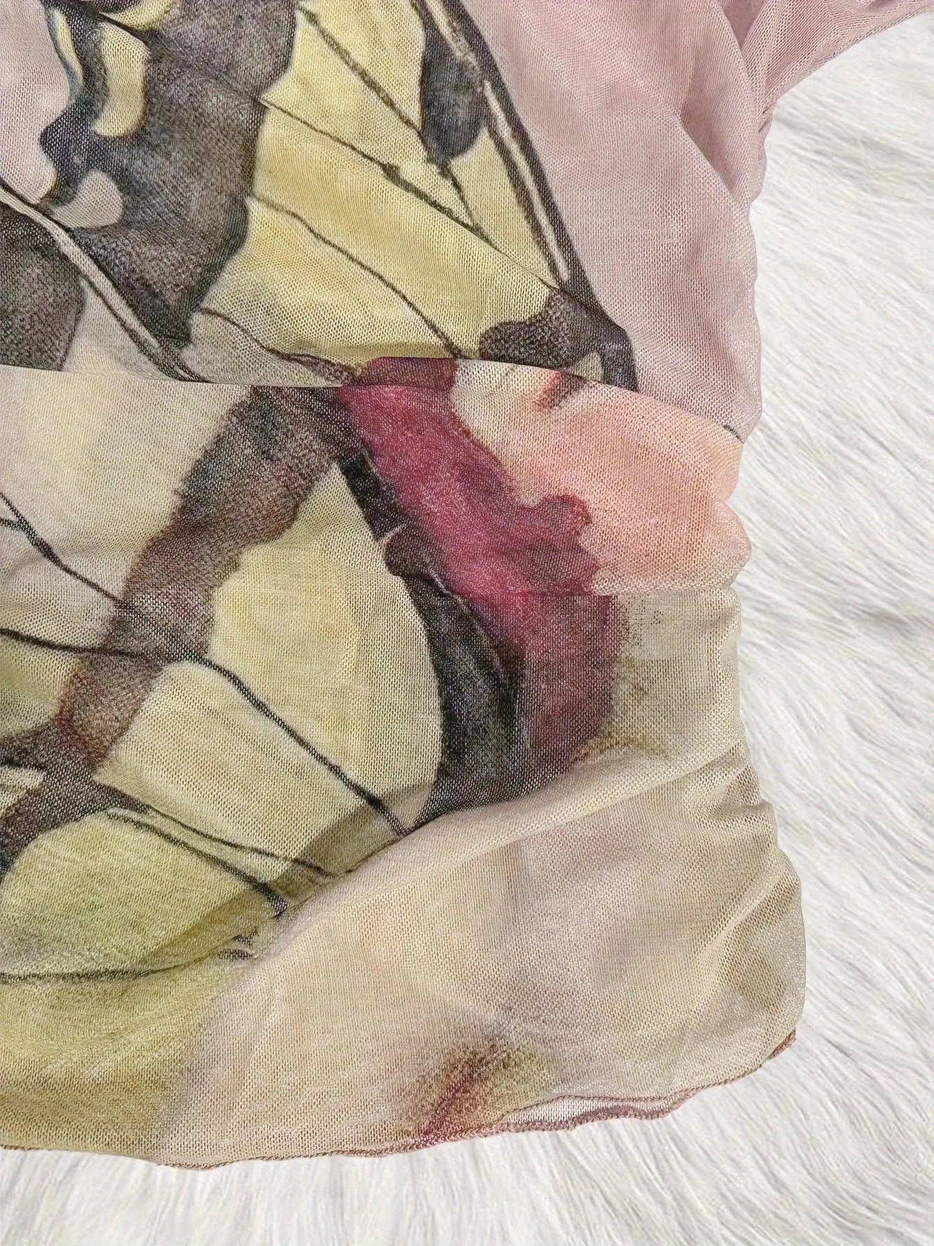 Figure Print Ruffle Trim Asymmetric T-shirt, Y2K Sheer Mesh Long Sleeve Top, Women's Clothing SS69