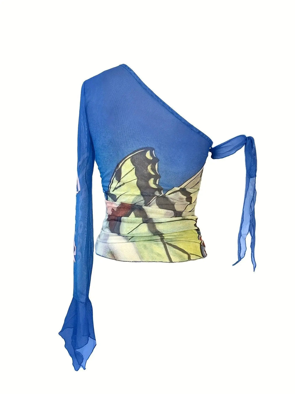 Figure Print Ruffle Trim Asymmetric T-shirt, Y2K Sheer Mesh Long Sleeve Top, Women's Clothing SS69