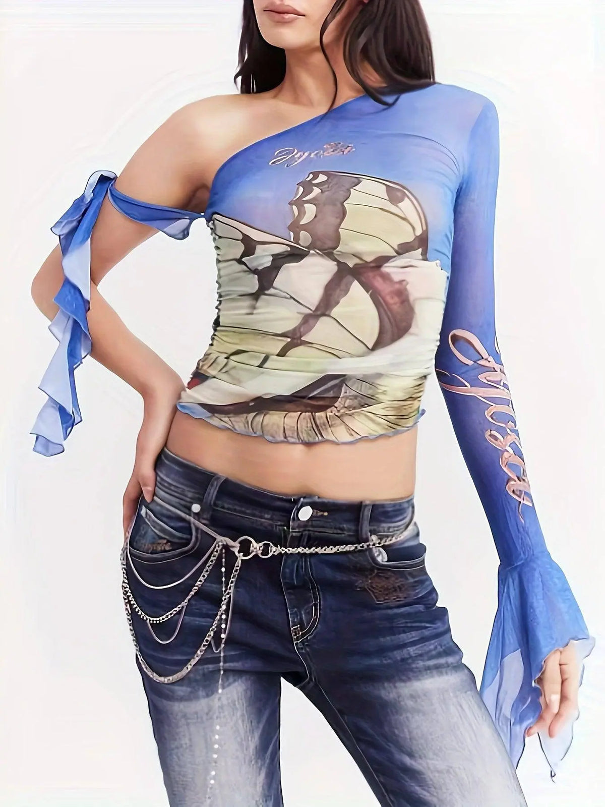 Figure Print Ruffle Trim Asymmetric T-shirt, Y2K Sheer Mesh Long Sleeve Top, Women's Clothing SS69