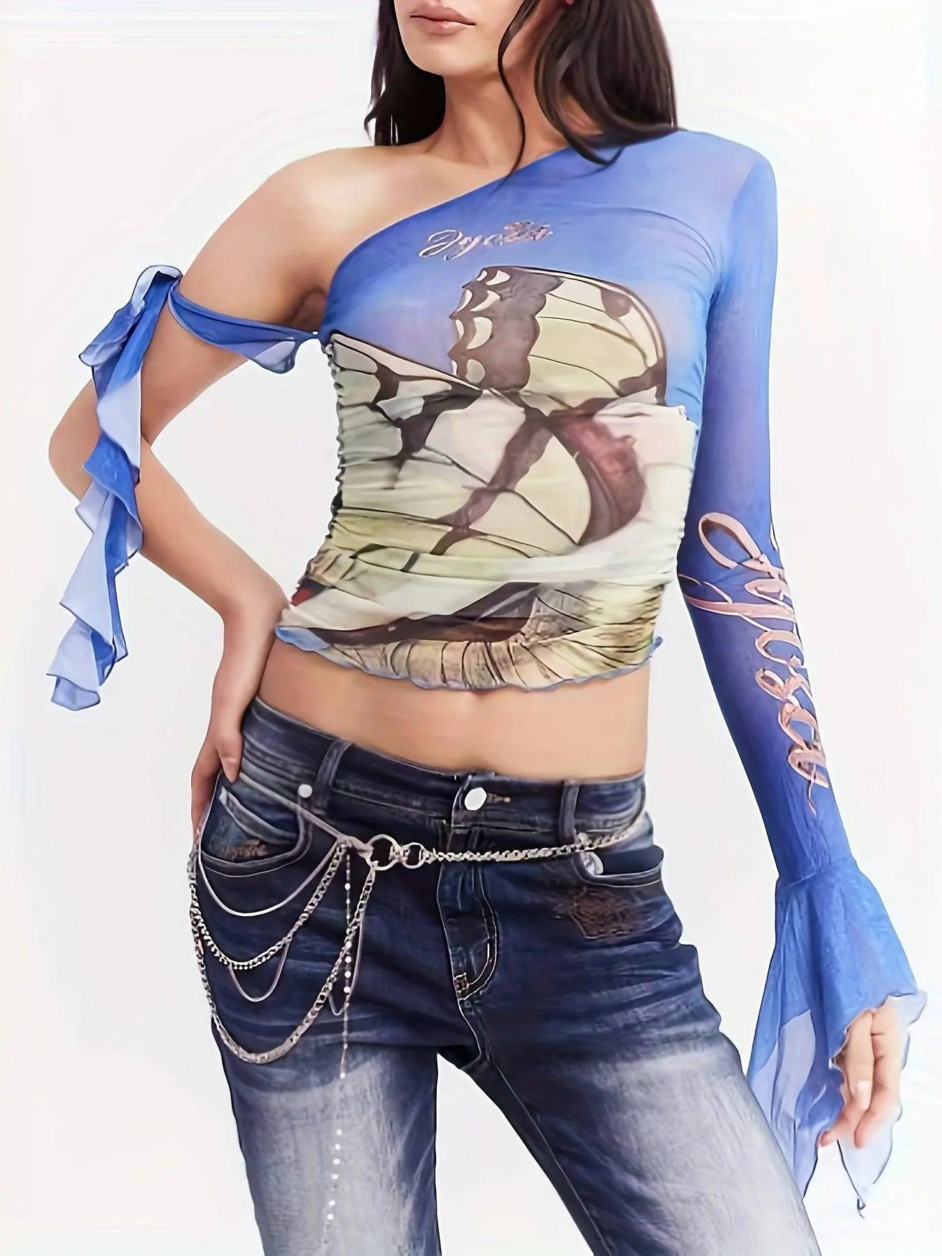 Figure Print Ruffle Trim Asymmetric T-shirt, Y2K Sheer Mesh Long Sleeve Top, Women's Clothing SS69