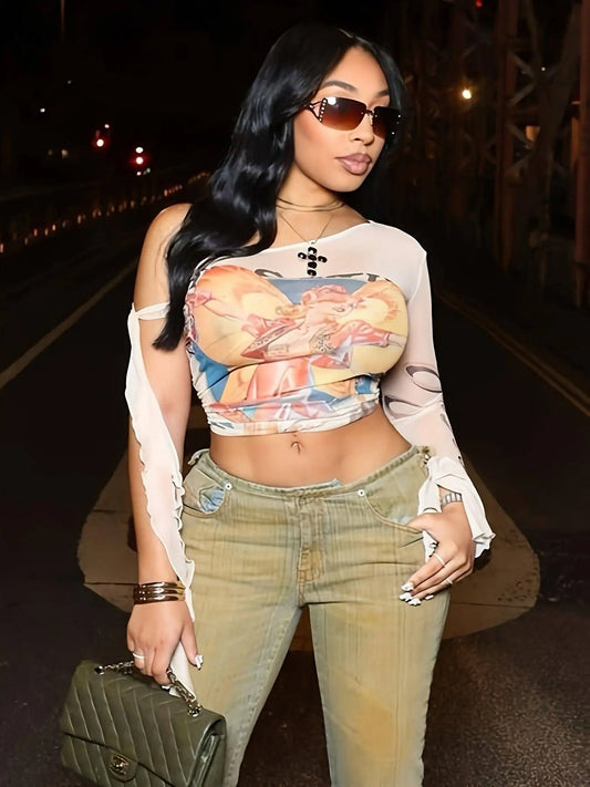 Figure Print Ruffle Trim Asymmetric T-shirt, Y2K Sheer Mesh Long Sleeve Top, Women's Clothing SS69