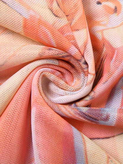 Figure Print Ruffle Trim Asymmetric T-shirt, Y2K Sheer Mesh Long Sleeve Top, Women's Clothing SS69